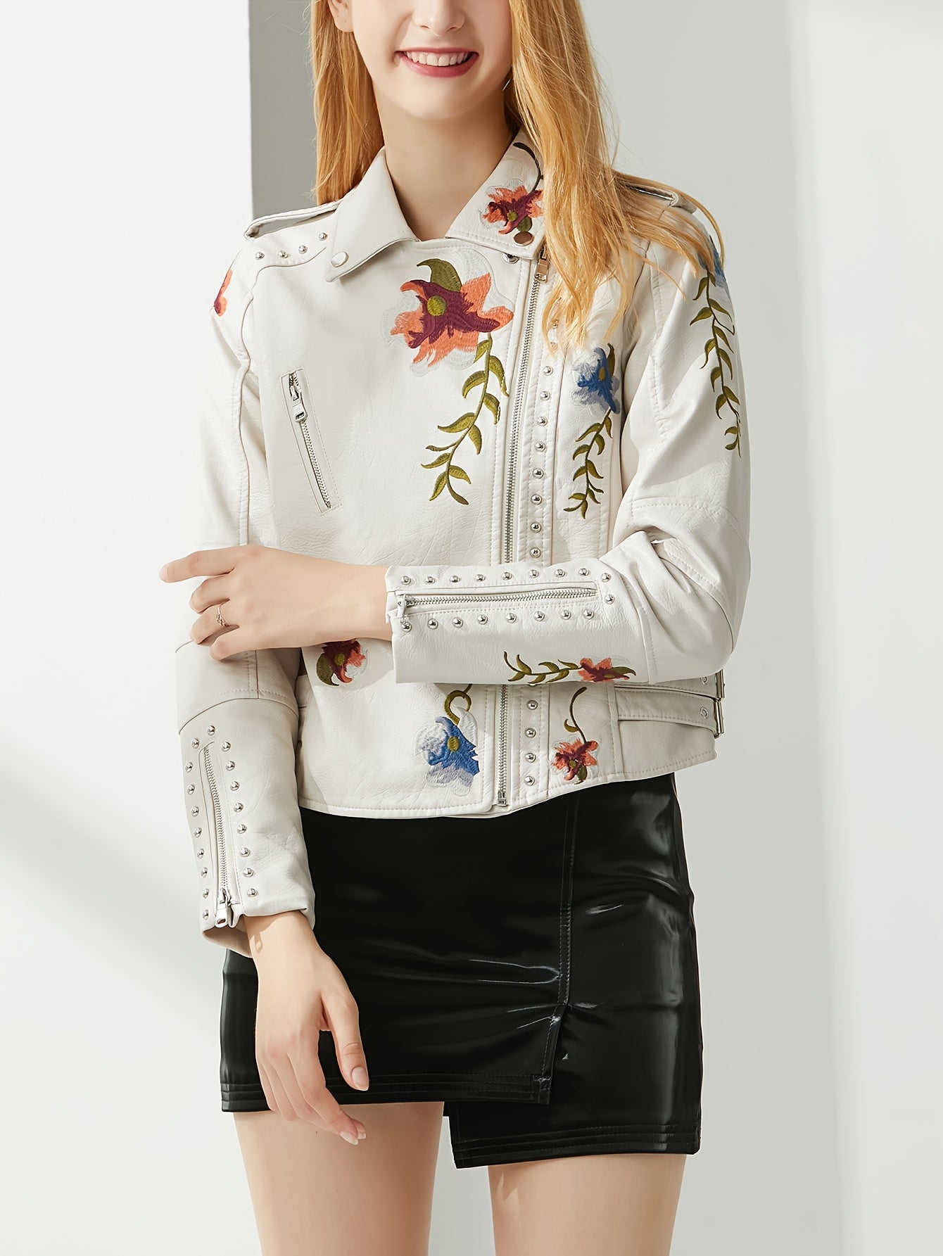 Women’s Studded Floral Moto Biker Jacket