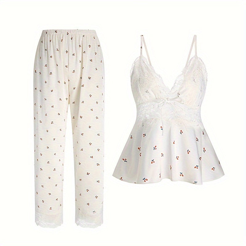 Women Cherry Print Lace Pajama Set