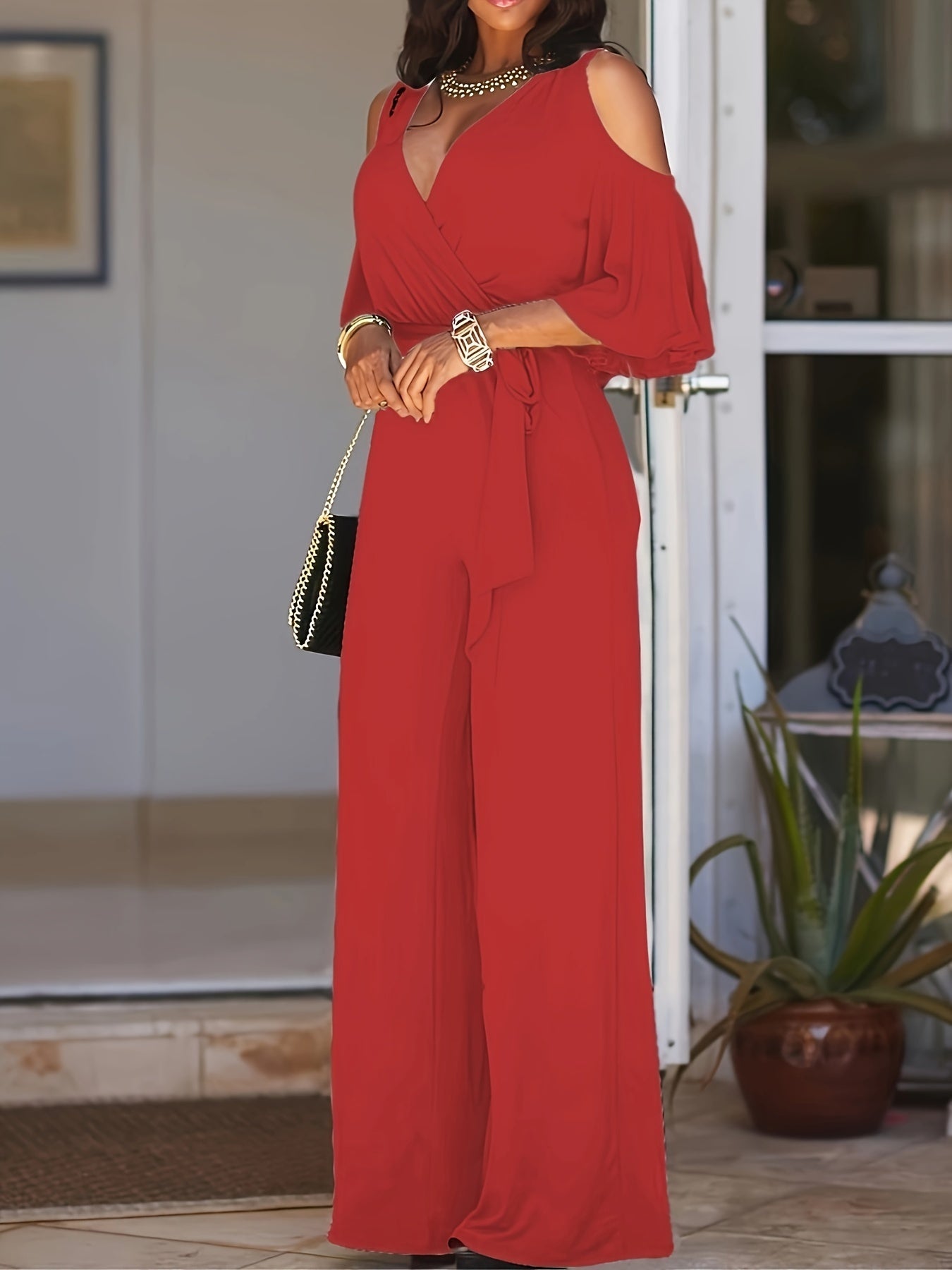 Women Cold Shoulder V-Neck Jumpsuit