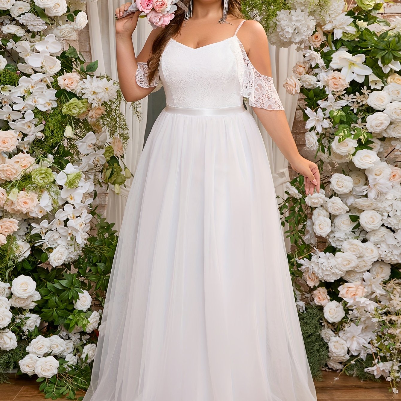 Plus Size Cold Shoulder Lace Wedding Dress