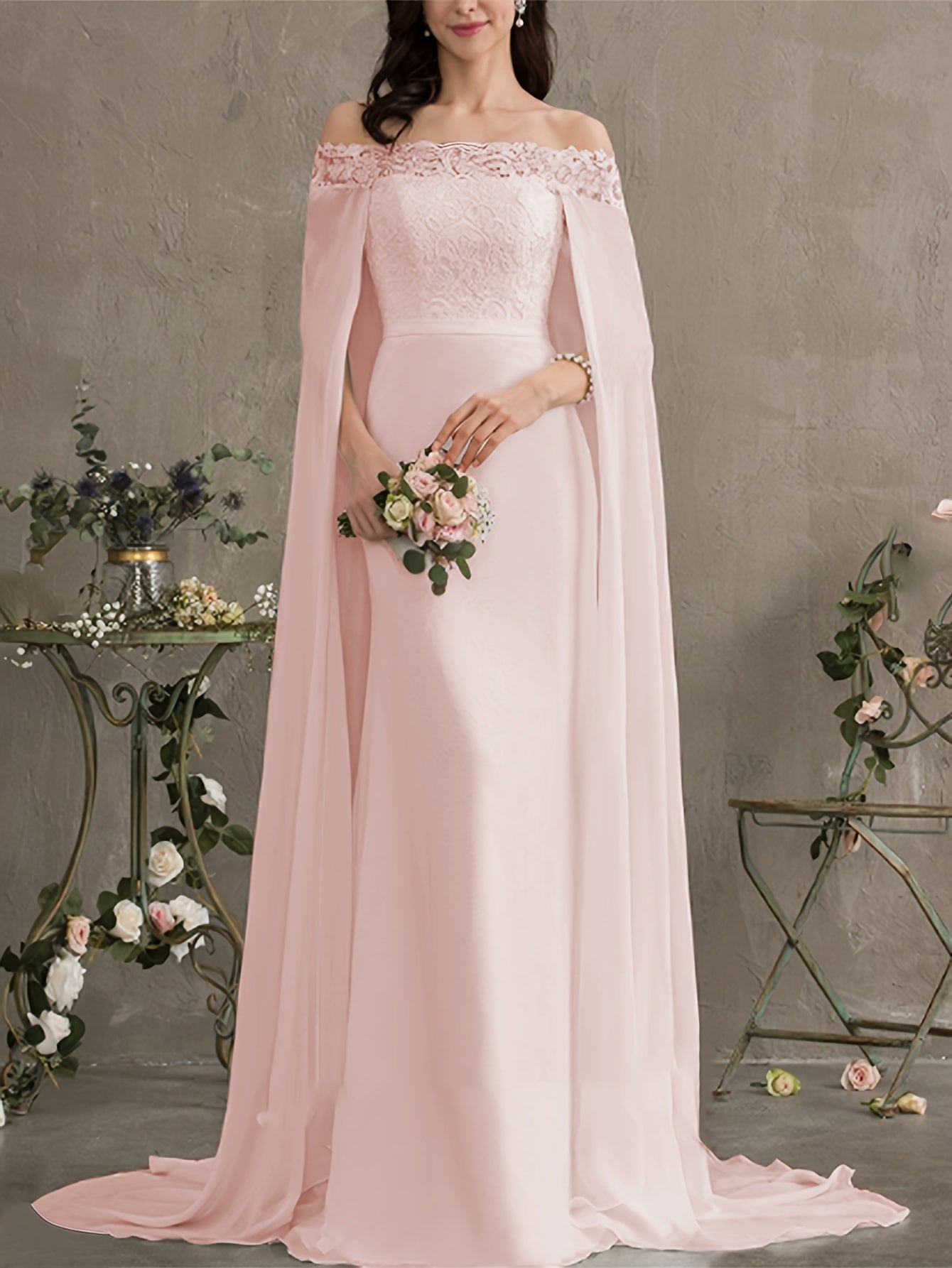 Off Shoulder Lace Cape Wedding Dress