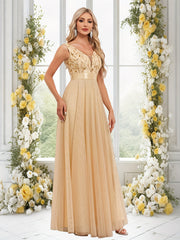 Deep V-Neck Embroidered Tulle Wedding Dress