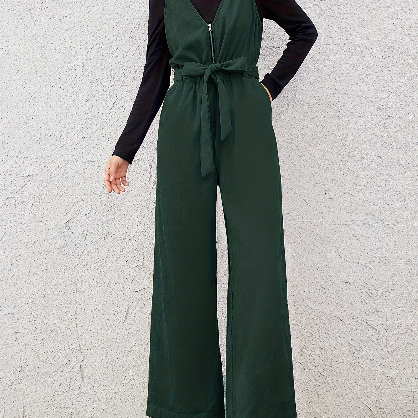 Women Belted V-Neck Zipper Jumpsuit