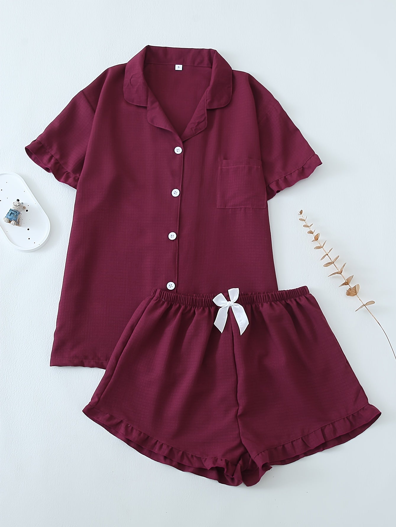 Women Ruffle Hem Pajama Shorts Set