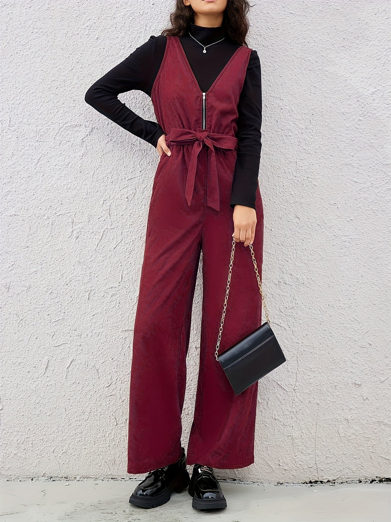 Women Belted V-Neck Zipper Jumpsuit