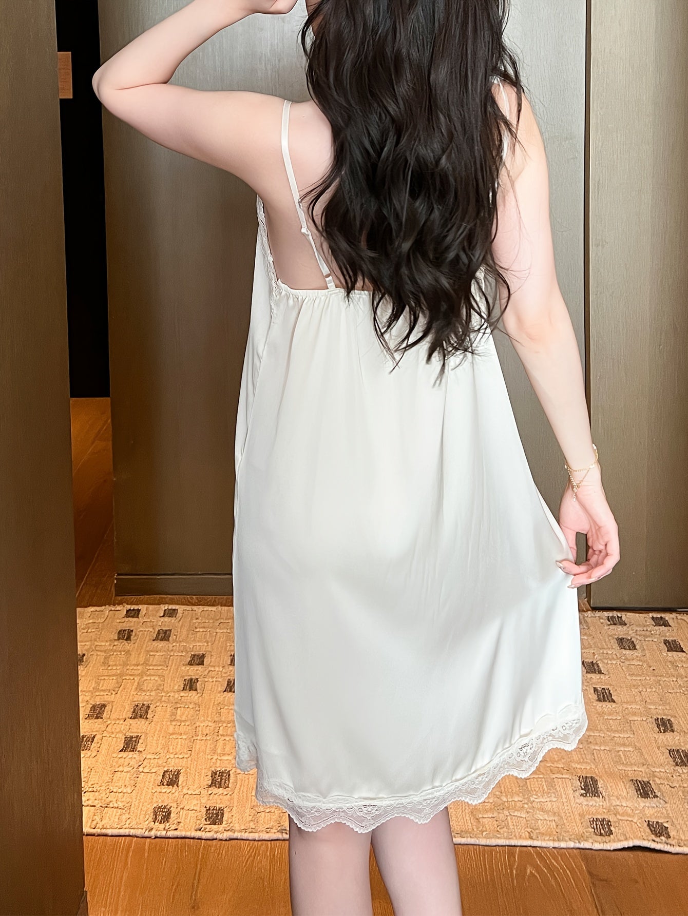 Women Satin Lace Trim Night Dress