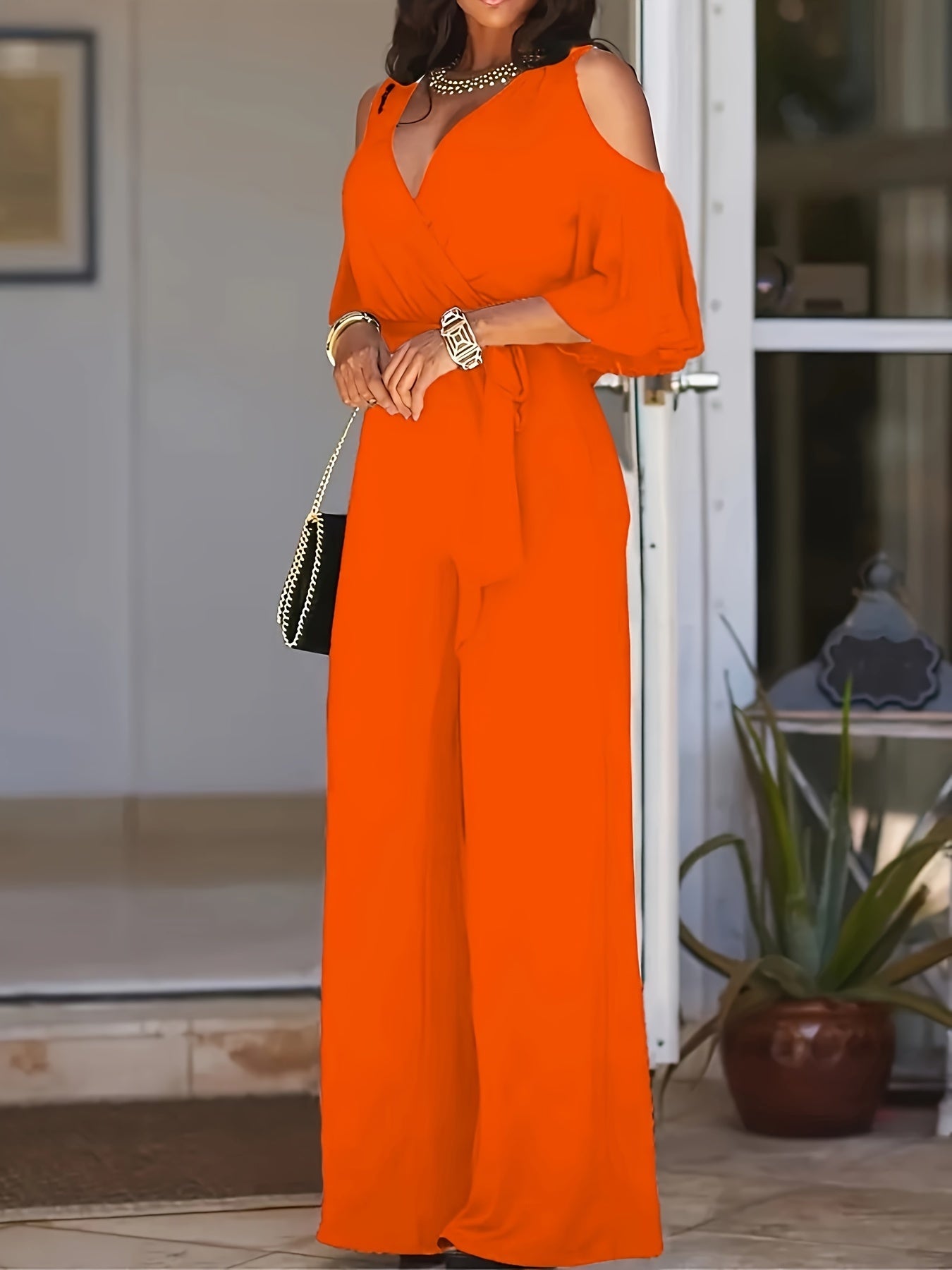 Women Cold Shoulder V-Neck Jumpsuit