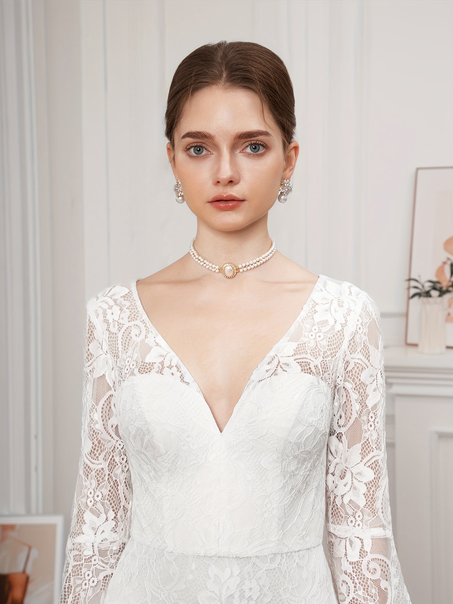 Floor-Length Lace V-Neck Wedding Dress