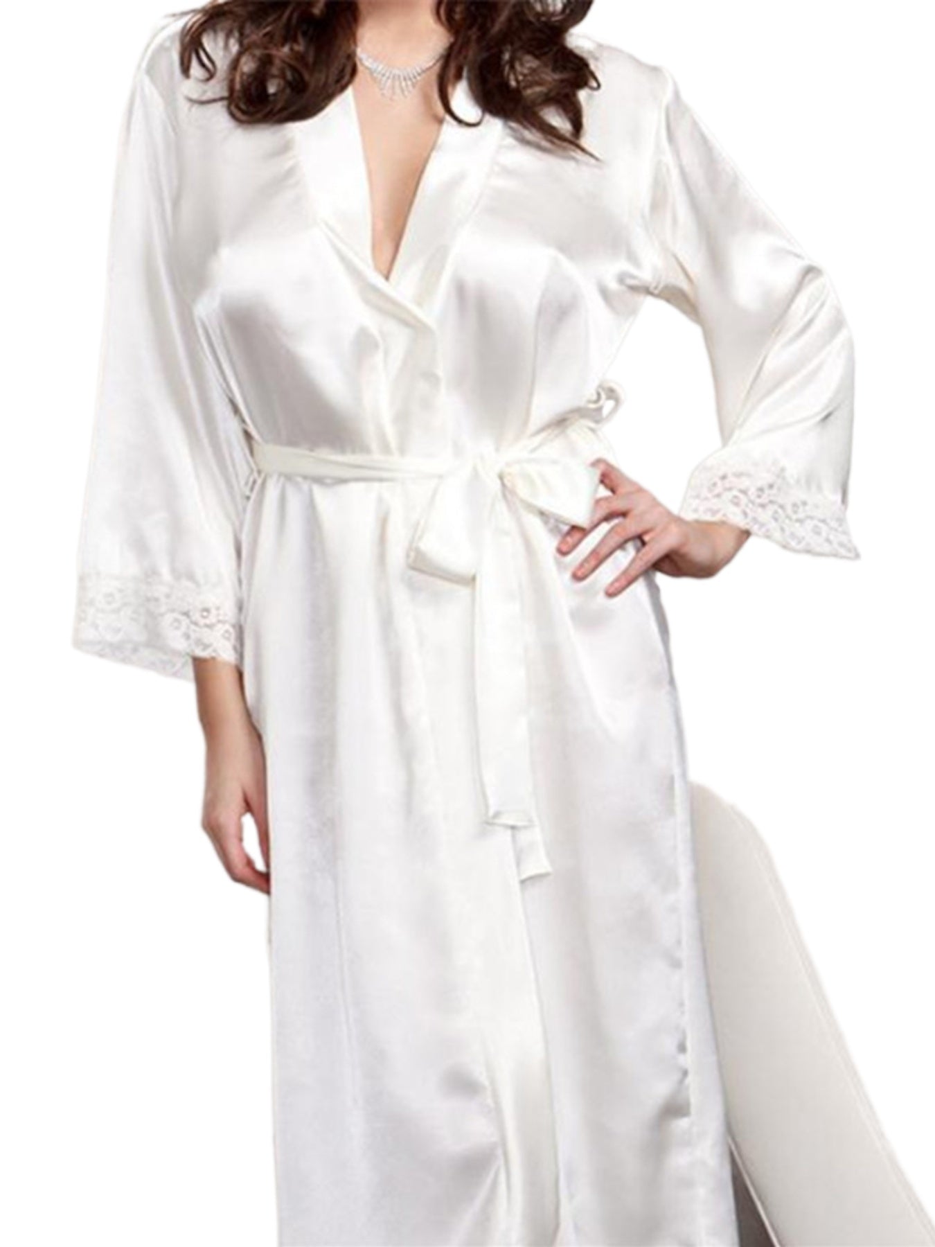 Women Satin Lace Trim Robe