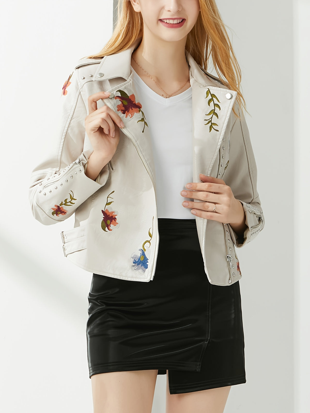 Women’s Studded Floral Moto Biker Jacket