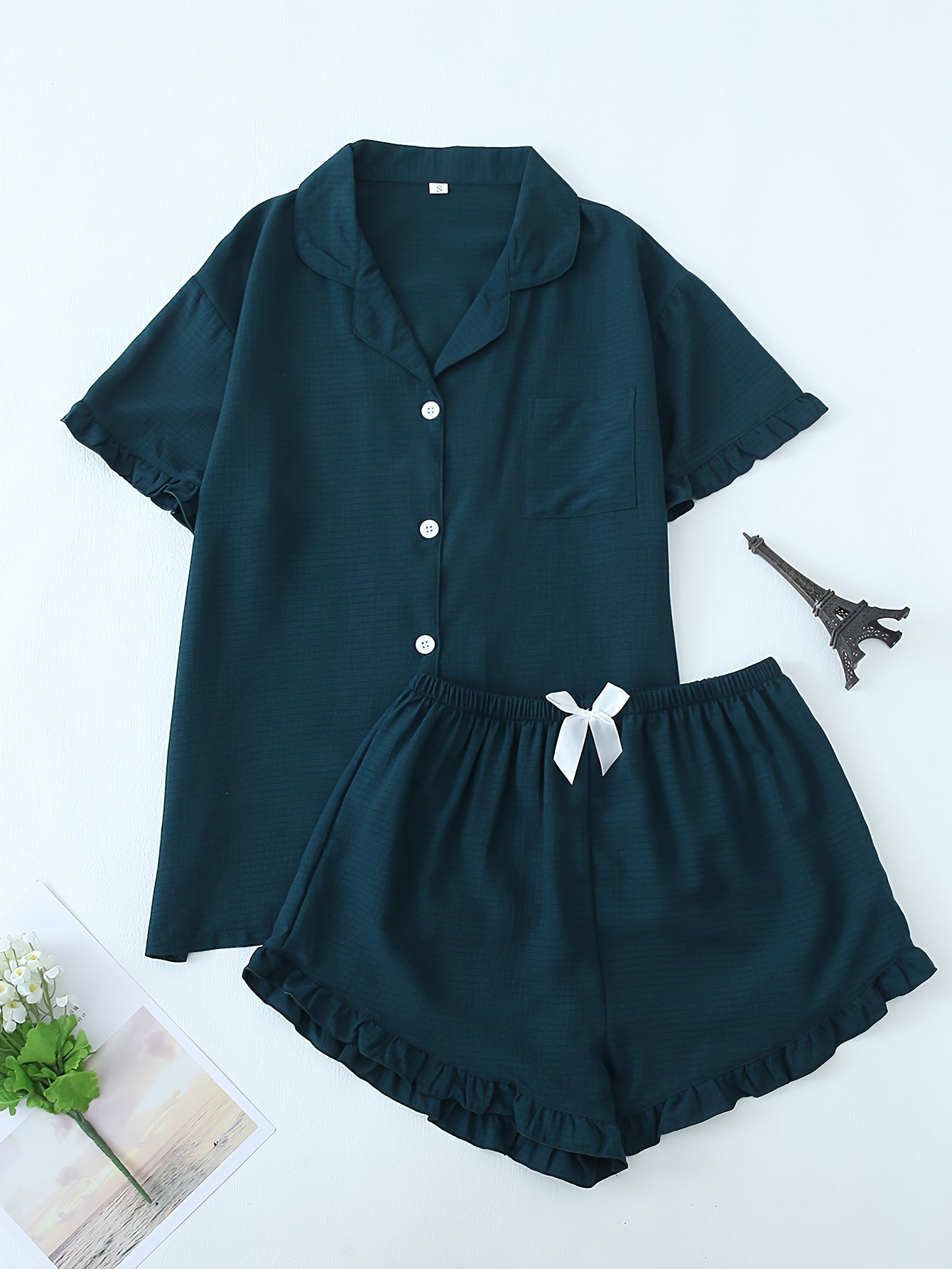 Women Ruffle Hem Pajama Shorts Set