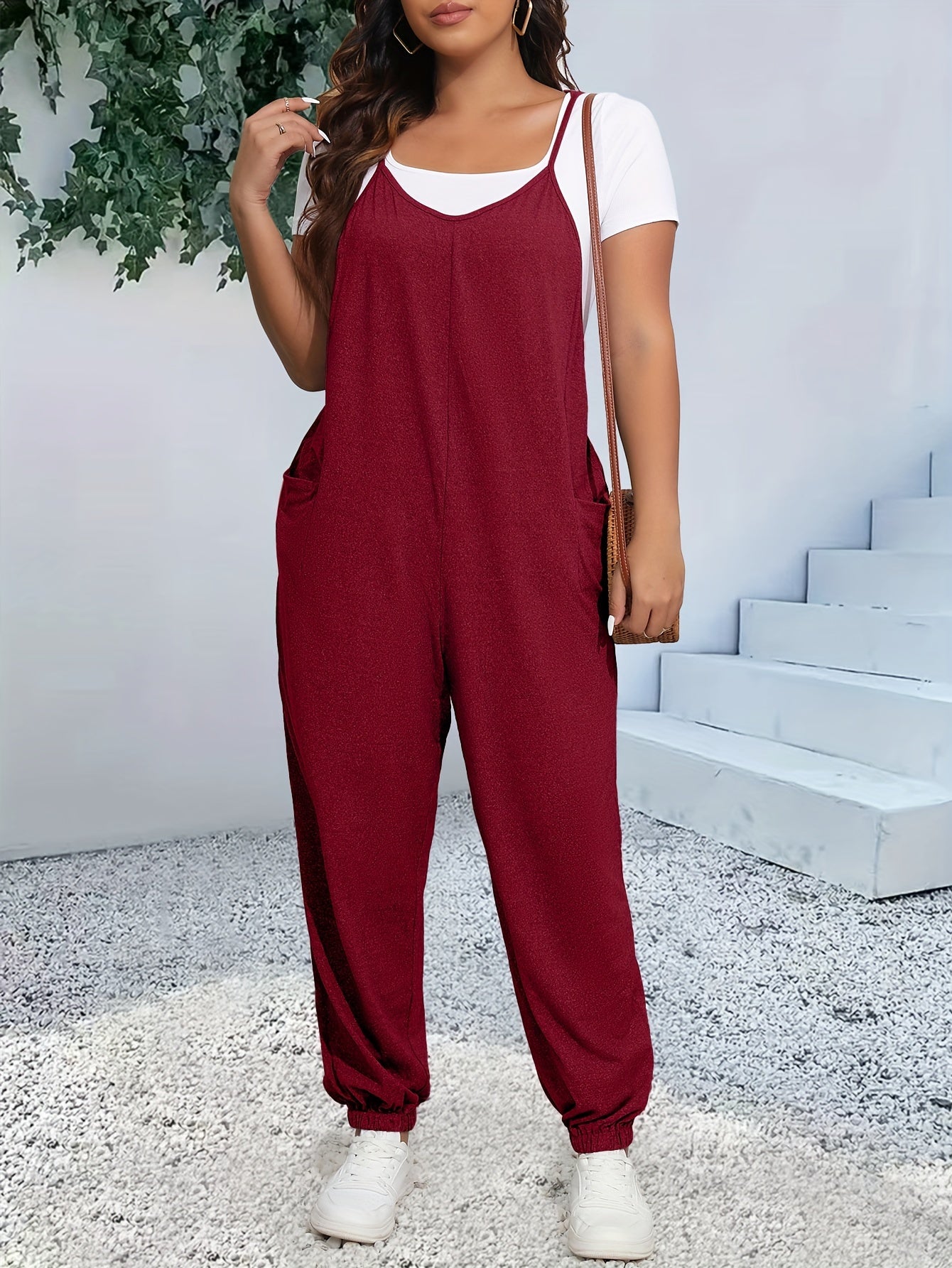 Plus Size V-Neck Cami Jumpsuit with Pockets
