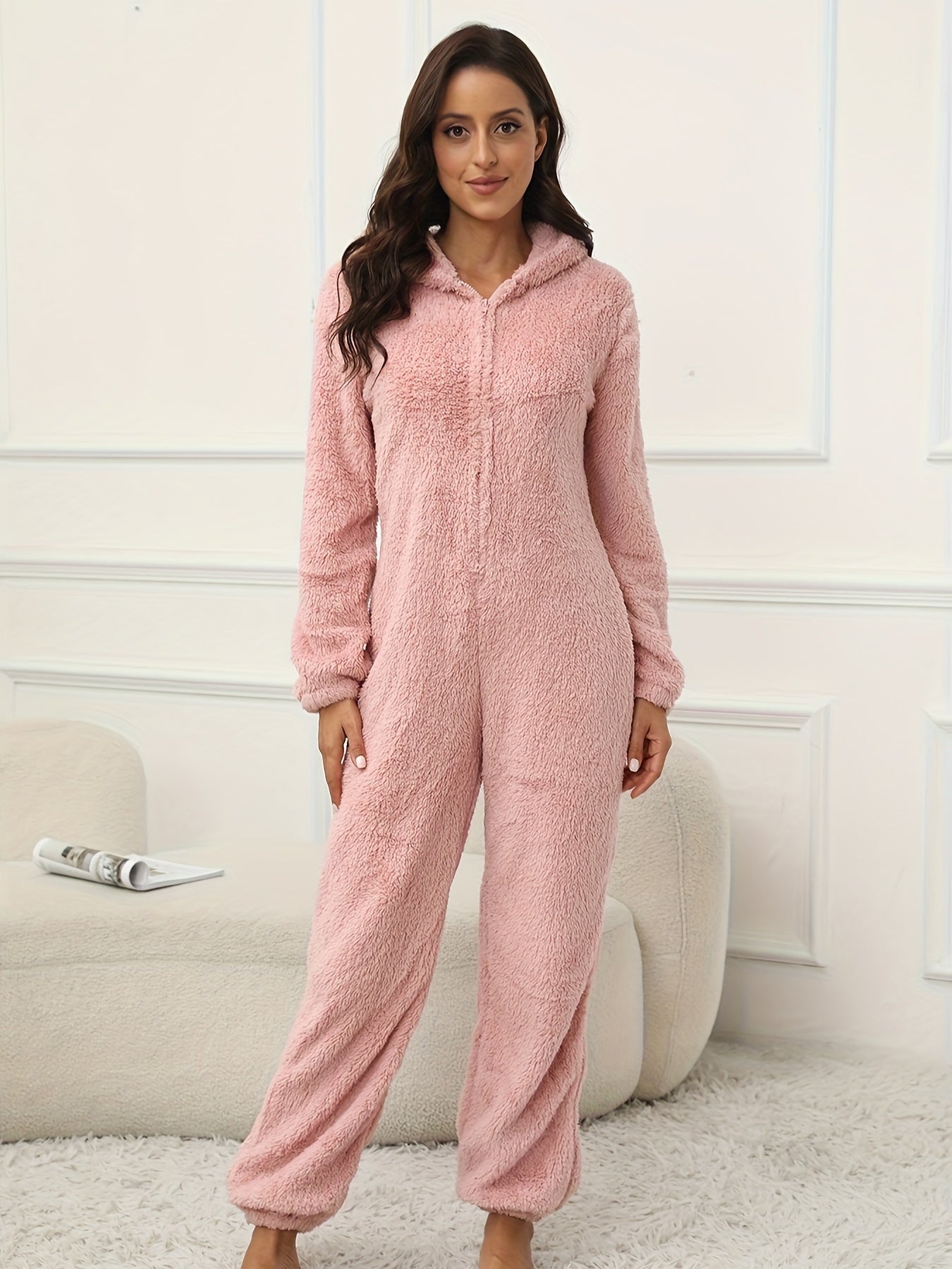 Women Hooded Fuzzy Lounge Jumpsuit