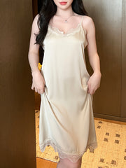 Women Satin Lace Trim Night Dress