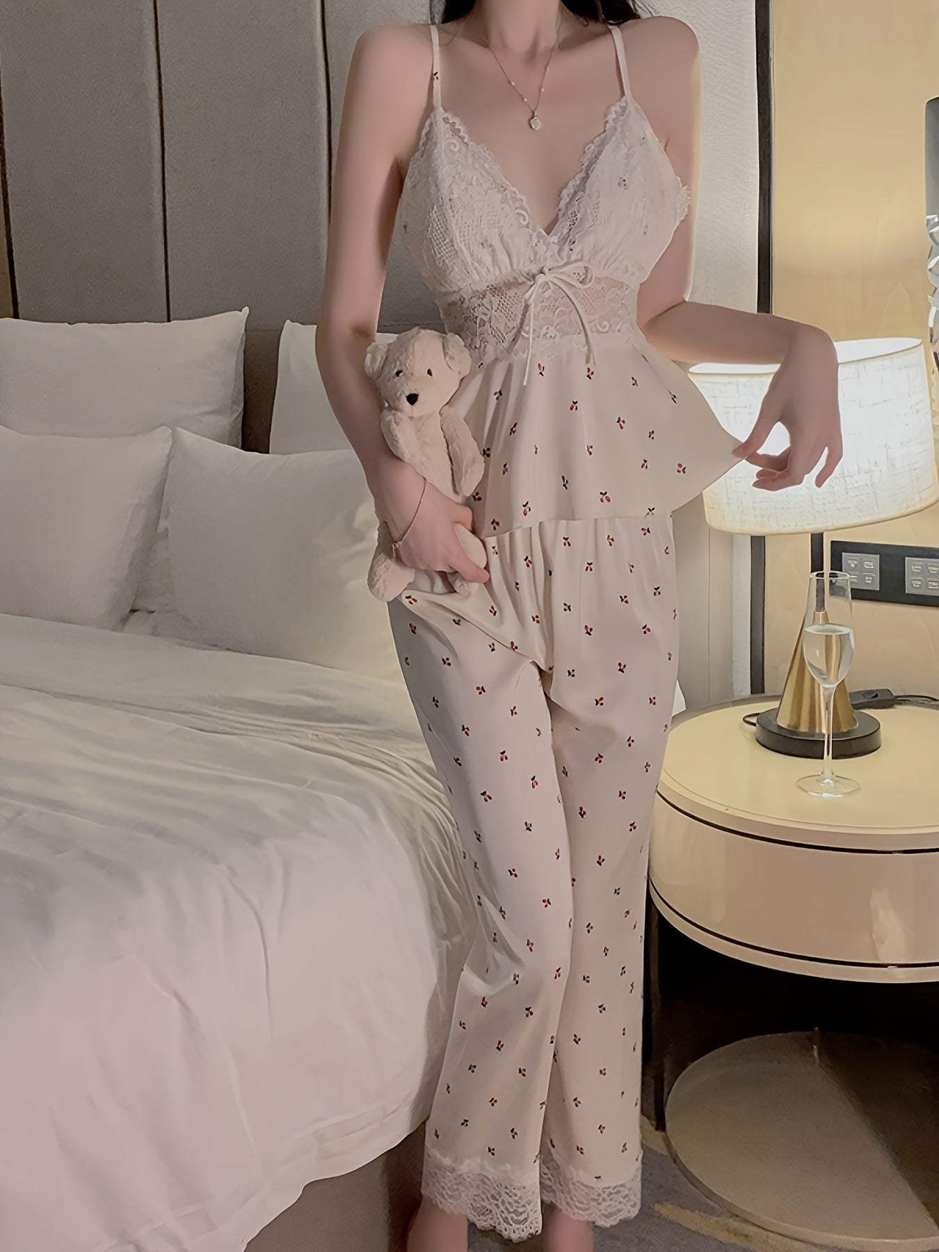 Women Cherry Print Lace Pajama Set