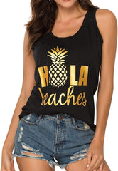 Women Casual Hola Beaches Letter Print Tanks Shirt Pineapple Print Tops Tee