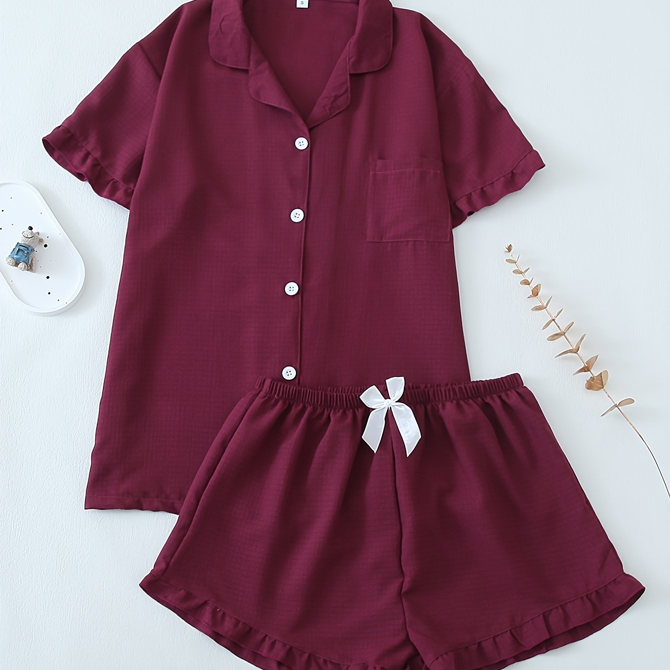 Women Ruffle Hem Pajama Shorts Set