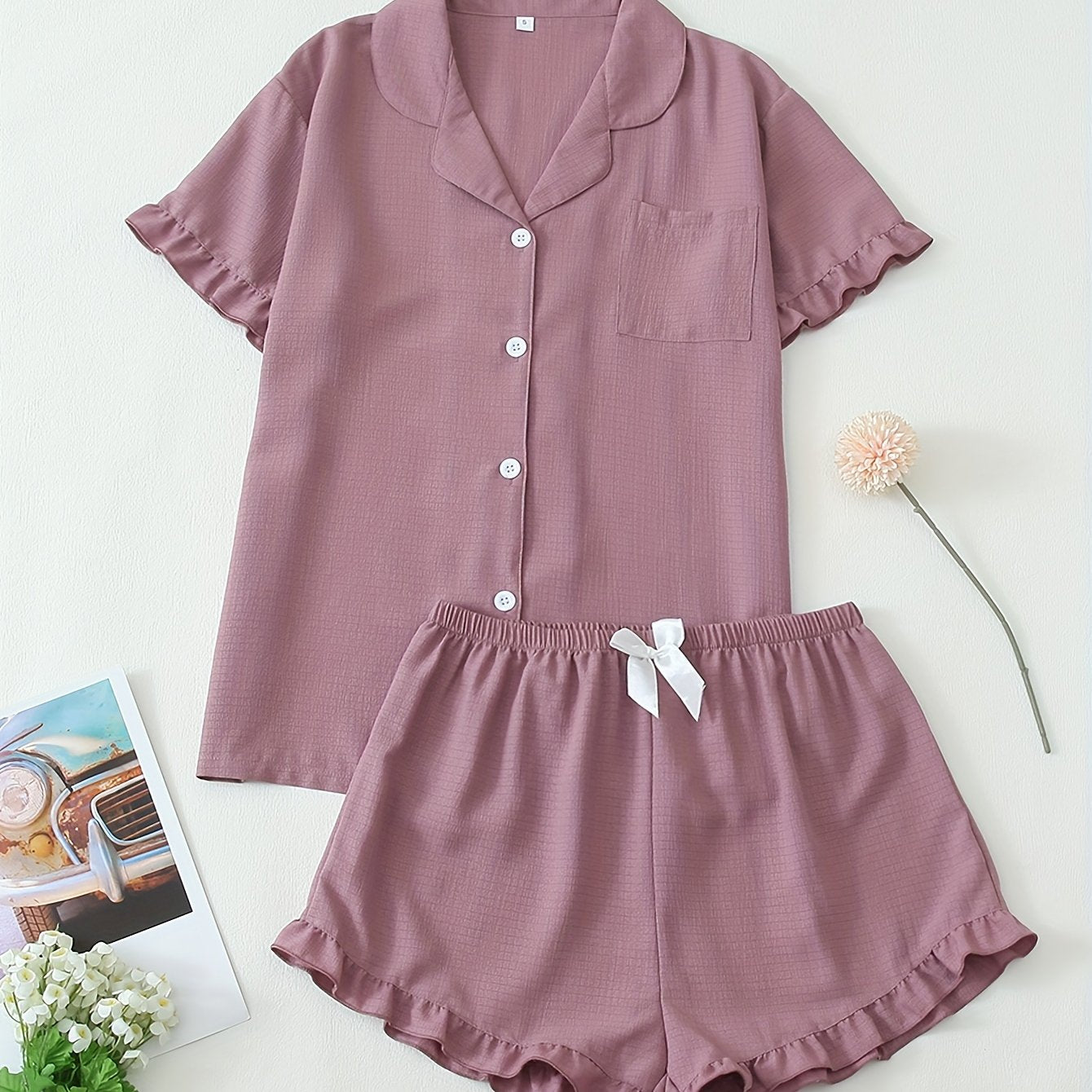 Women Ruffle Hem Pajama Shorts Set