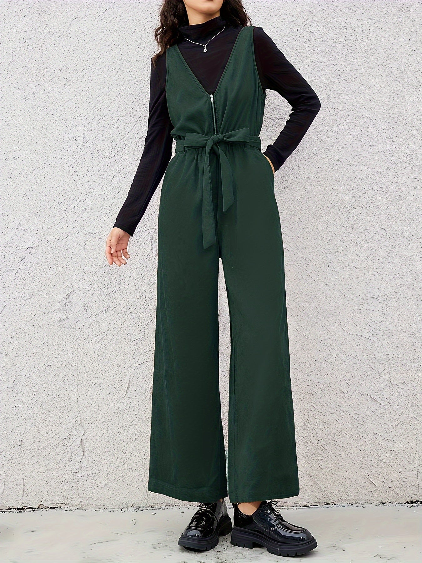 Women Belted V-Neck Zipper Jumpsuit
