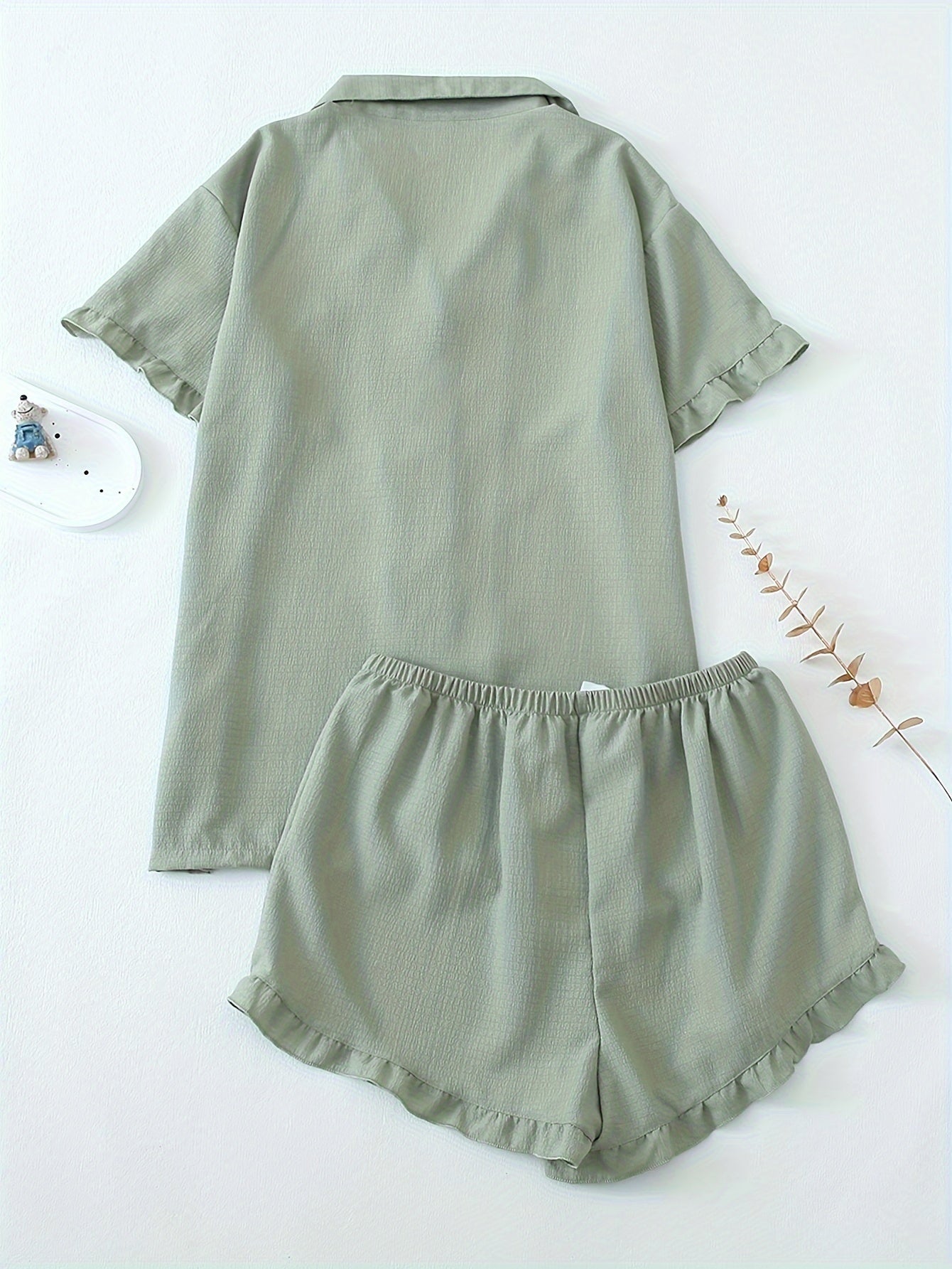 Women Ruffle Hem Pajama Shorts Set