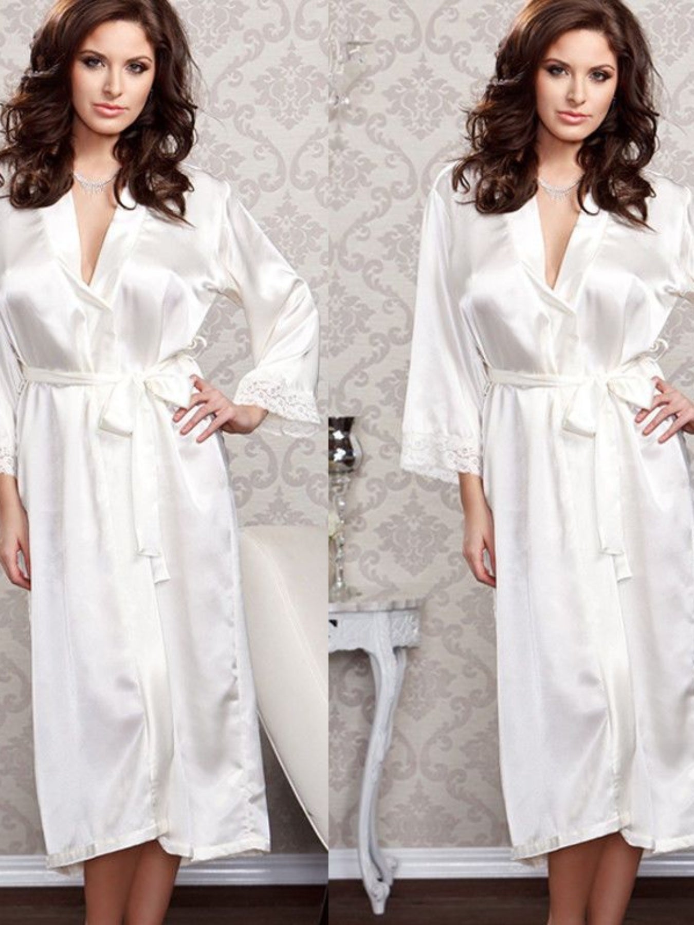 Women Satin Lace Trim Robe