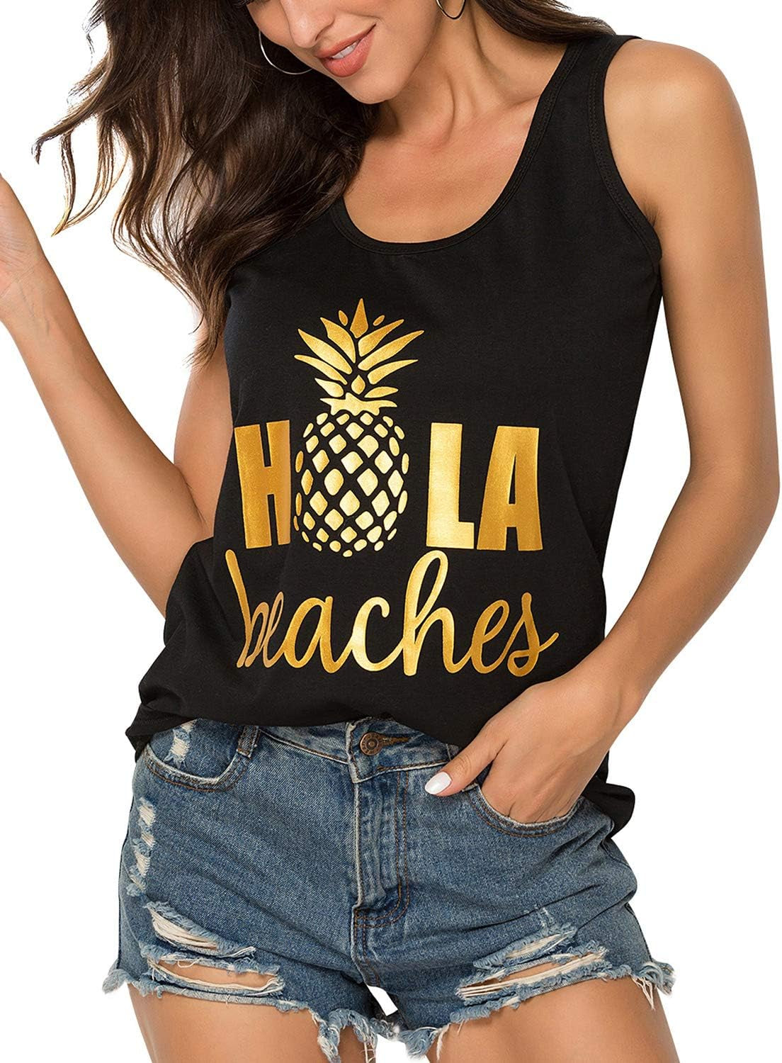 Women Casual Hola Beaches Letter Print Tanks Shirt Pineapple Print Tops Tee