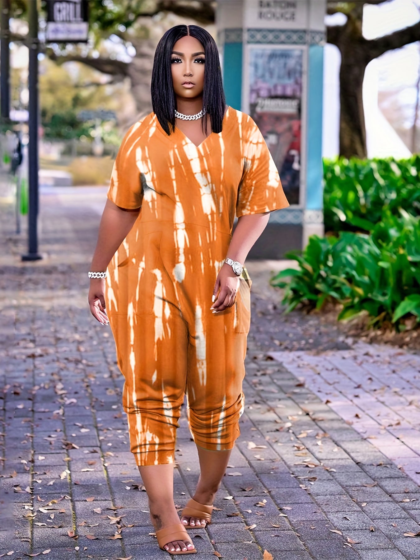 Plus Size Tie-Dye Pocket Jumpsuit