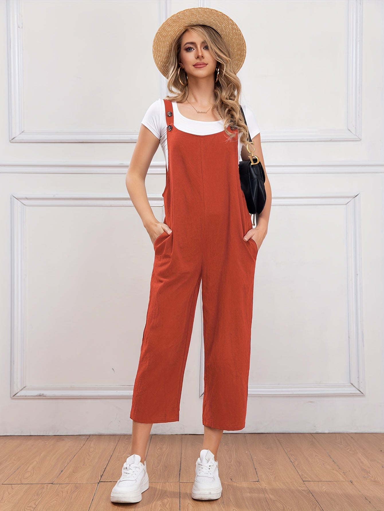 Women Cotton Sleeveless Straight-Leg Jumpsuit