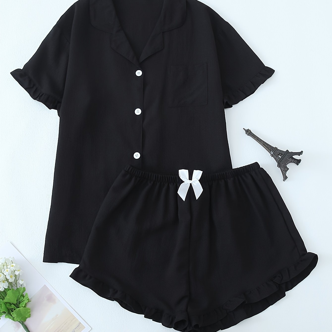 Women Ruffle Hem Pajama Shorts Set