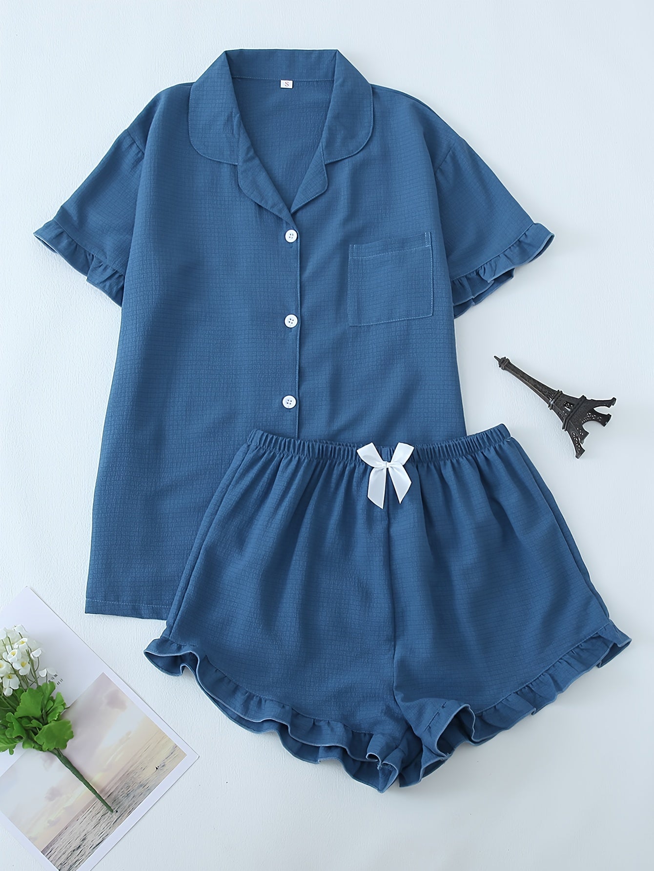 Women Ruffle Hem Pajama Shorts Set