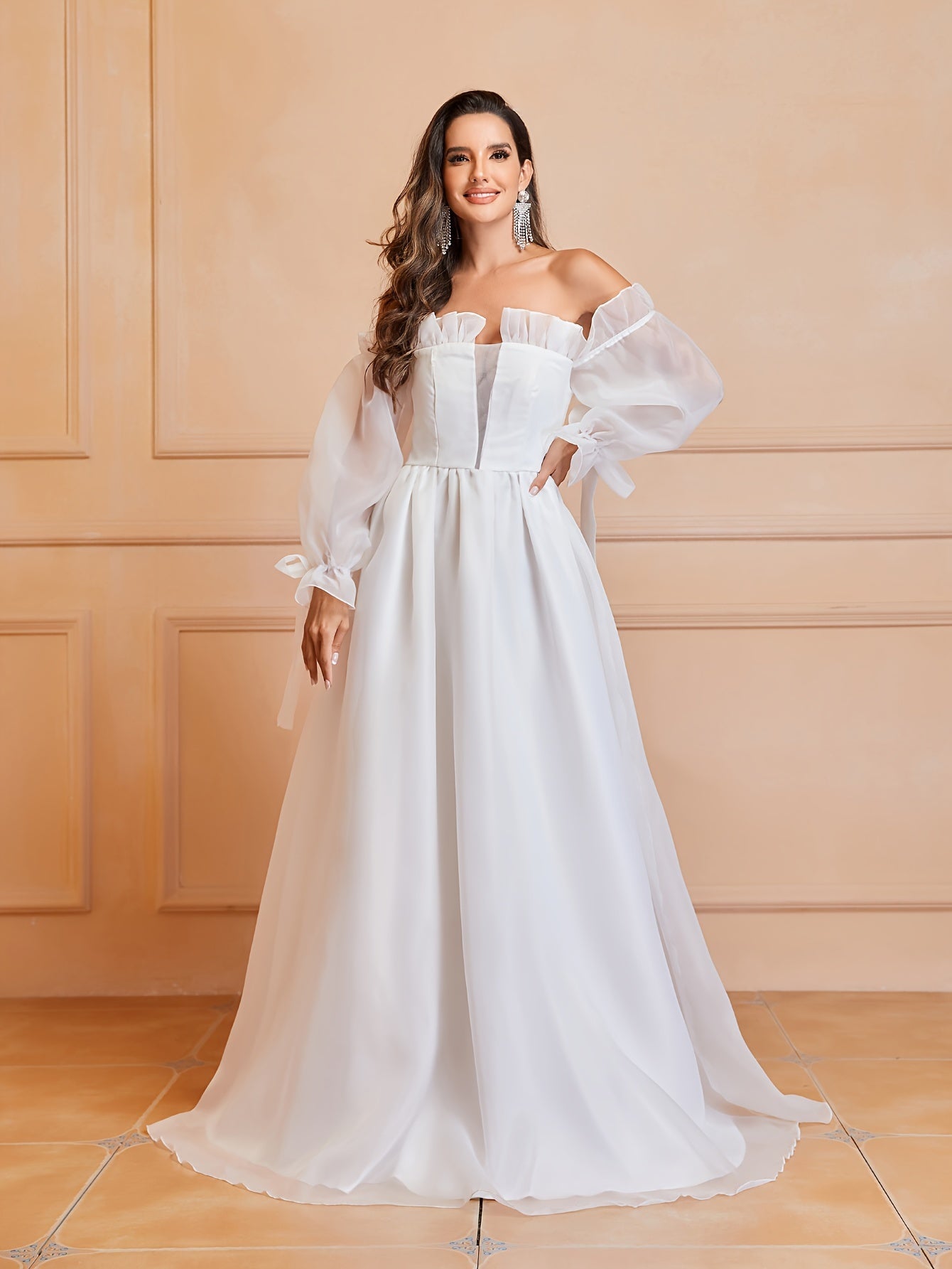 Off Shoulder Lace Bow Wedding Dress