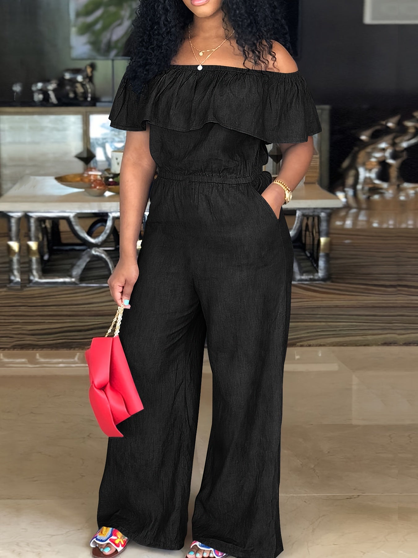 Plus Size Off Shoulder Ruffle Jumpsuit