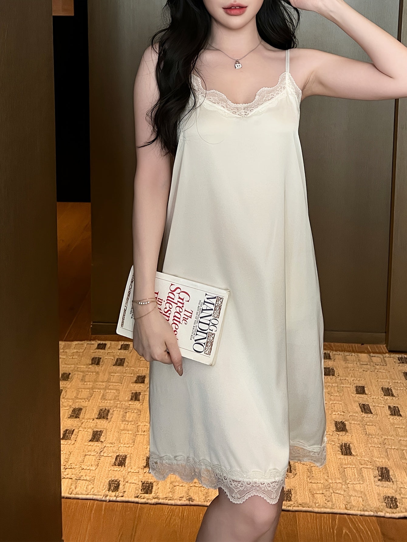 Women Satin Lace Trim Night Dress