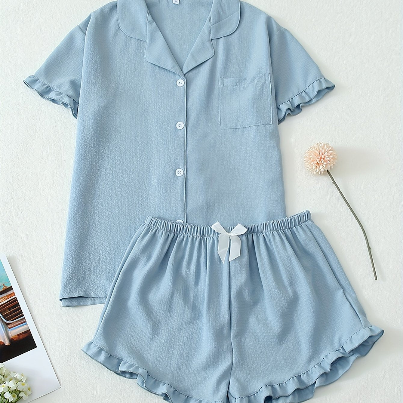 Women Ruffle Hem Pajama Shorts Set