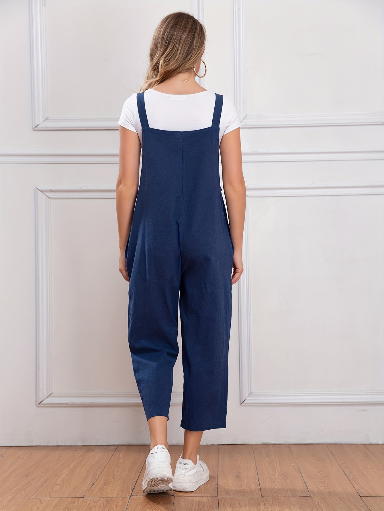Women Cotton Sleeveless Straight-Leg Jumpsuit