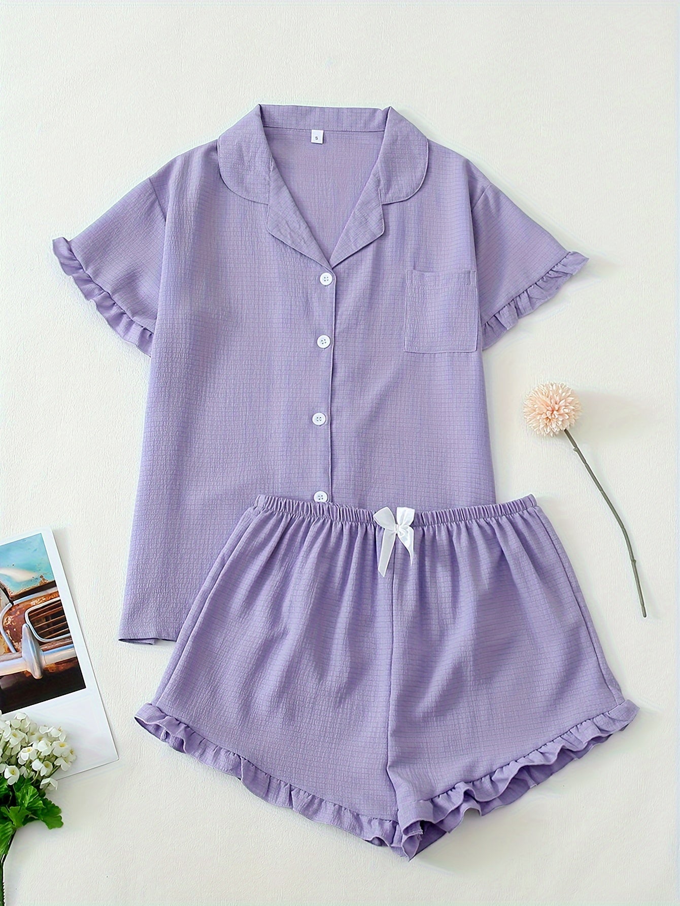 Women Ruffle Hem Pajama Shorts Set