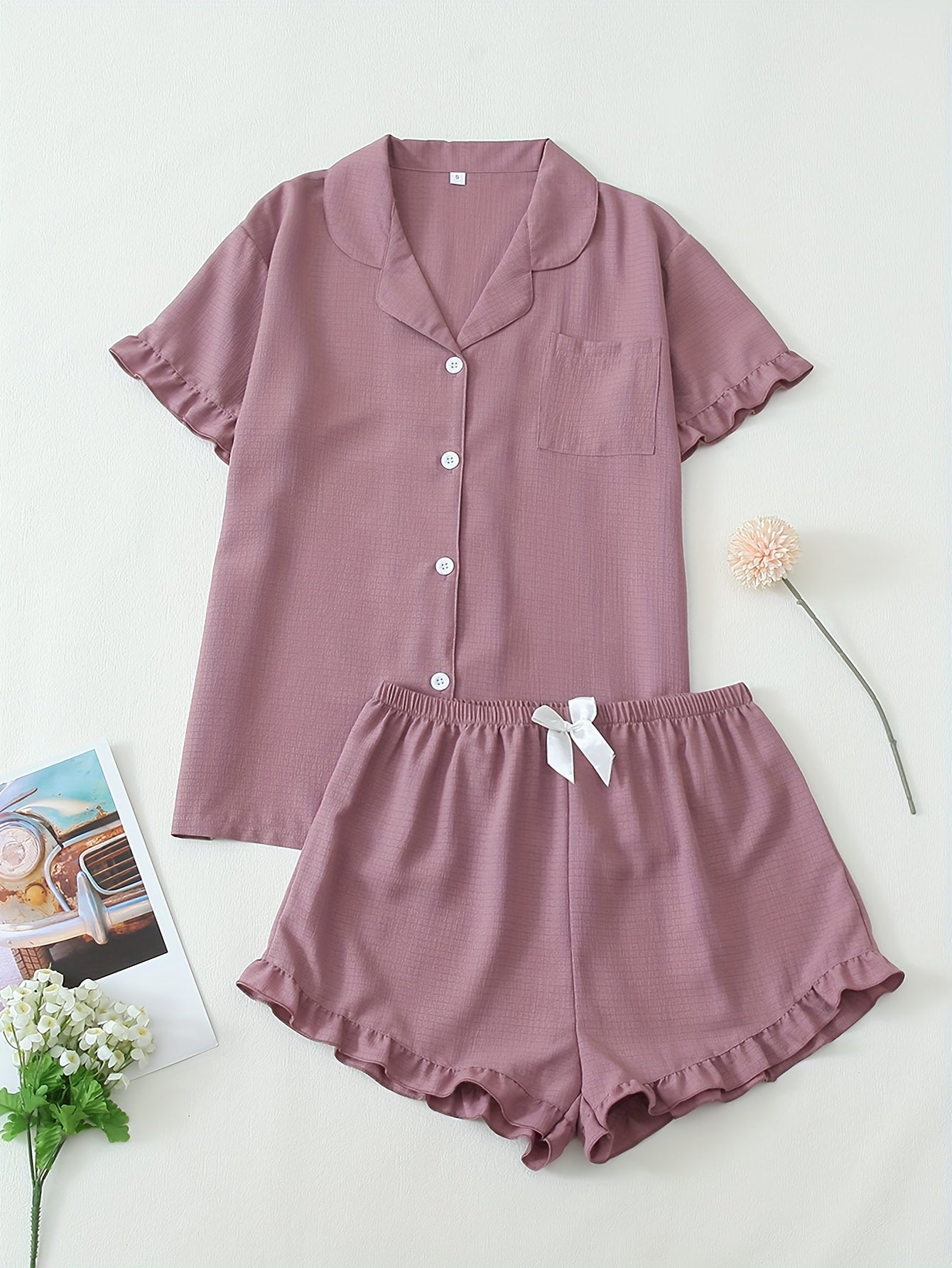 Women Ruffle Hem Pajama Shorts Set