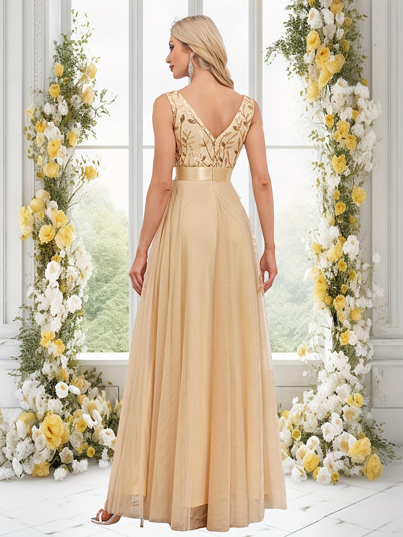 Deep V-Neck Embroidered Tulle Wedding Dress