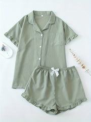 Women Ruffle Hem Pajama Shorts Set
