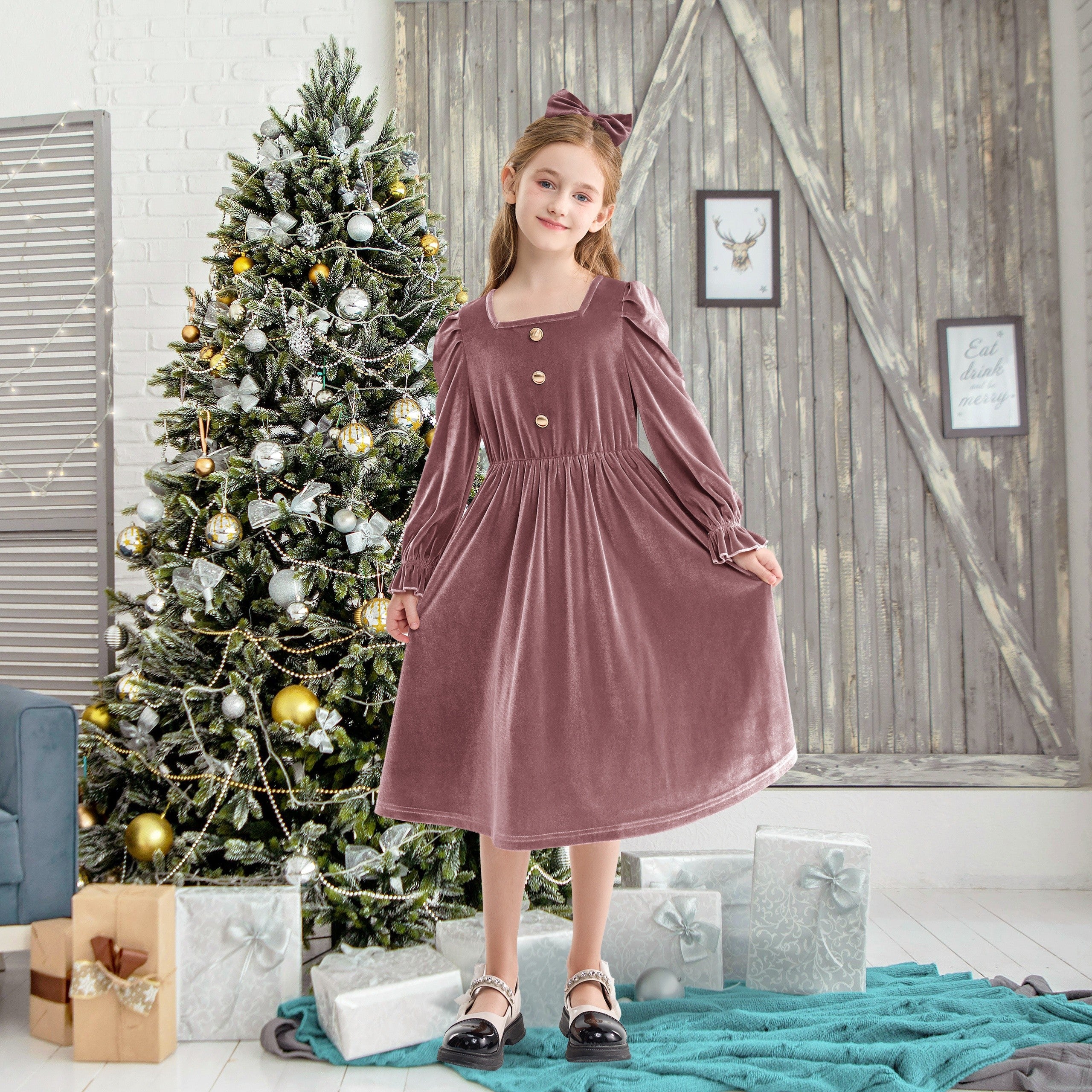 Vintage Velvet Pleated Party Dress for Girls