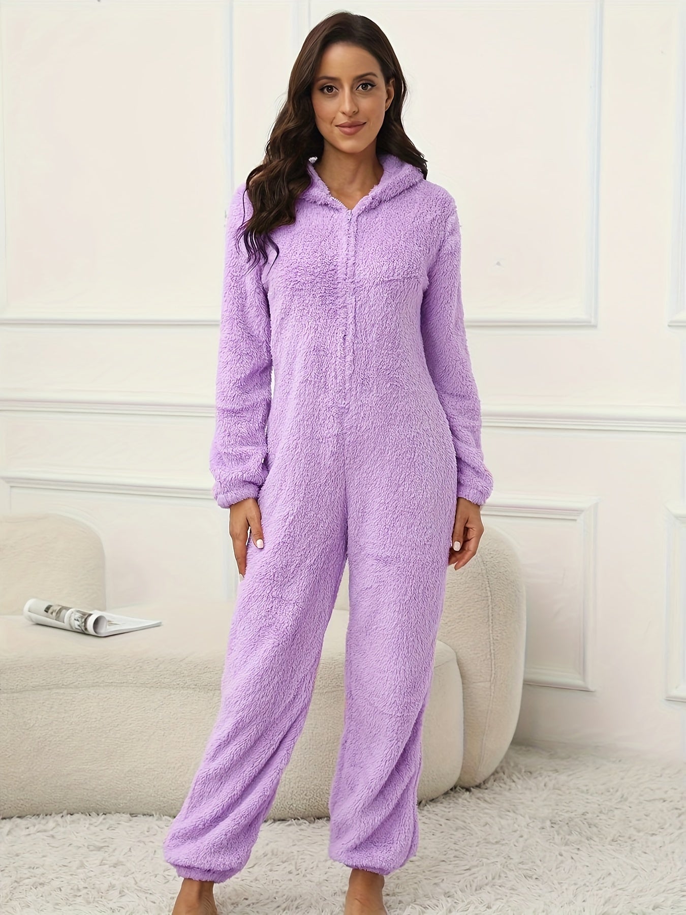 Women Hooded Fuzzy Lounge Jumpsuit