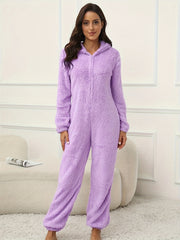 Women Hooded Fuzzy Lounge Jumpsuit