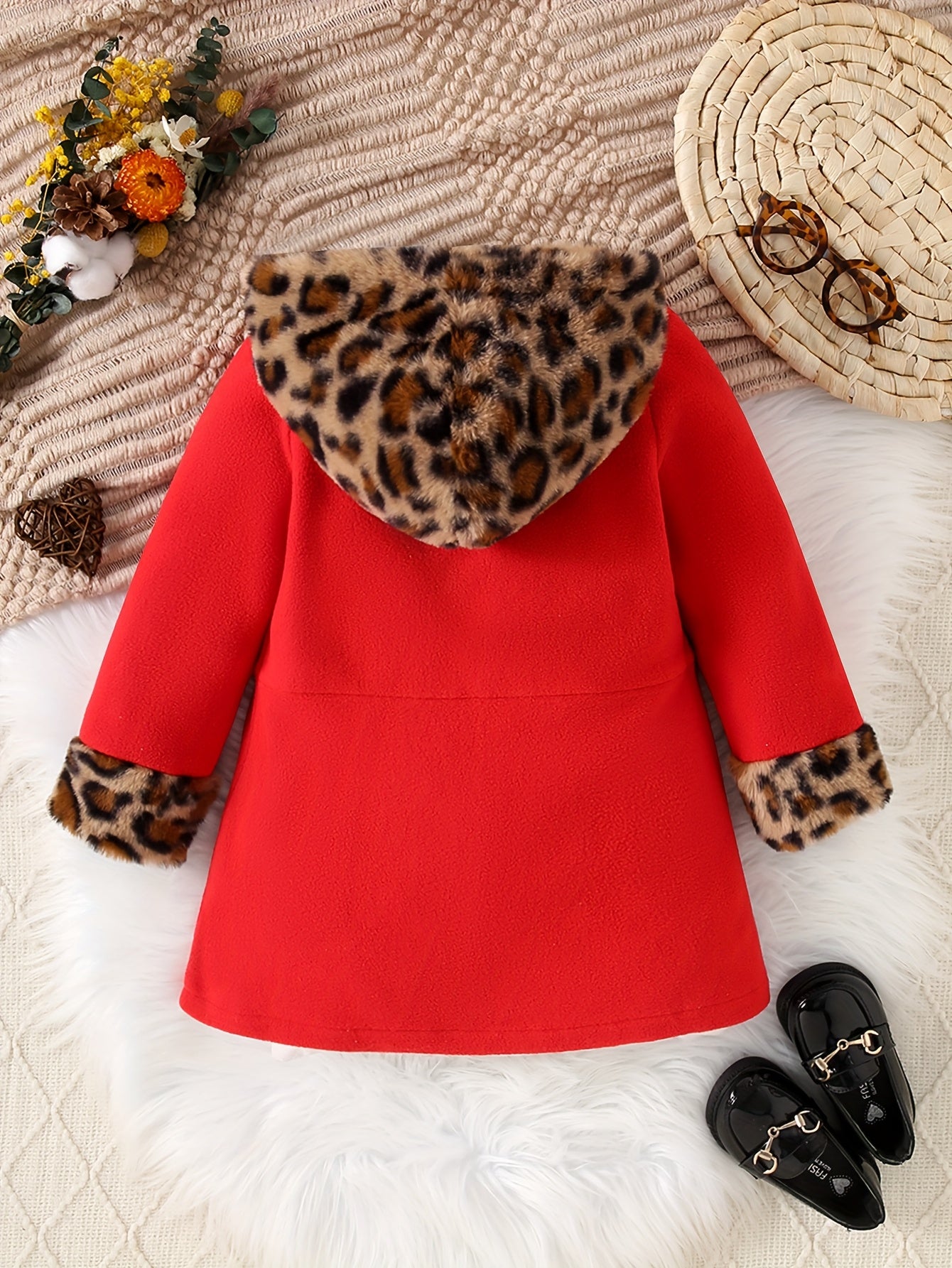 Girls’ Cozy Leopard-Print Fleece Hooded Winter Jacket