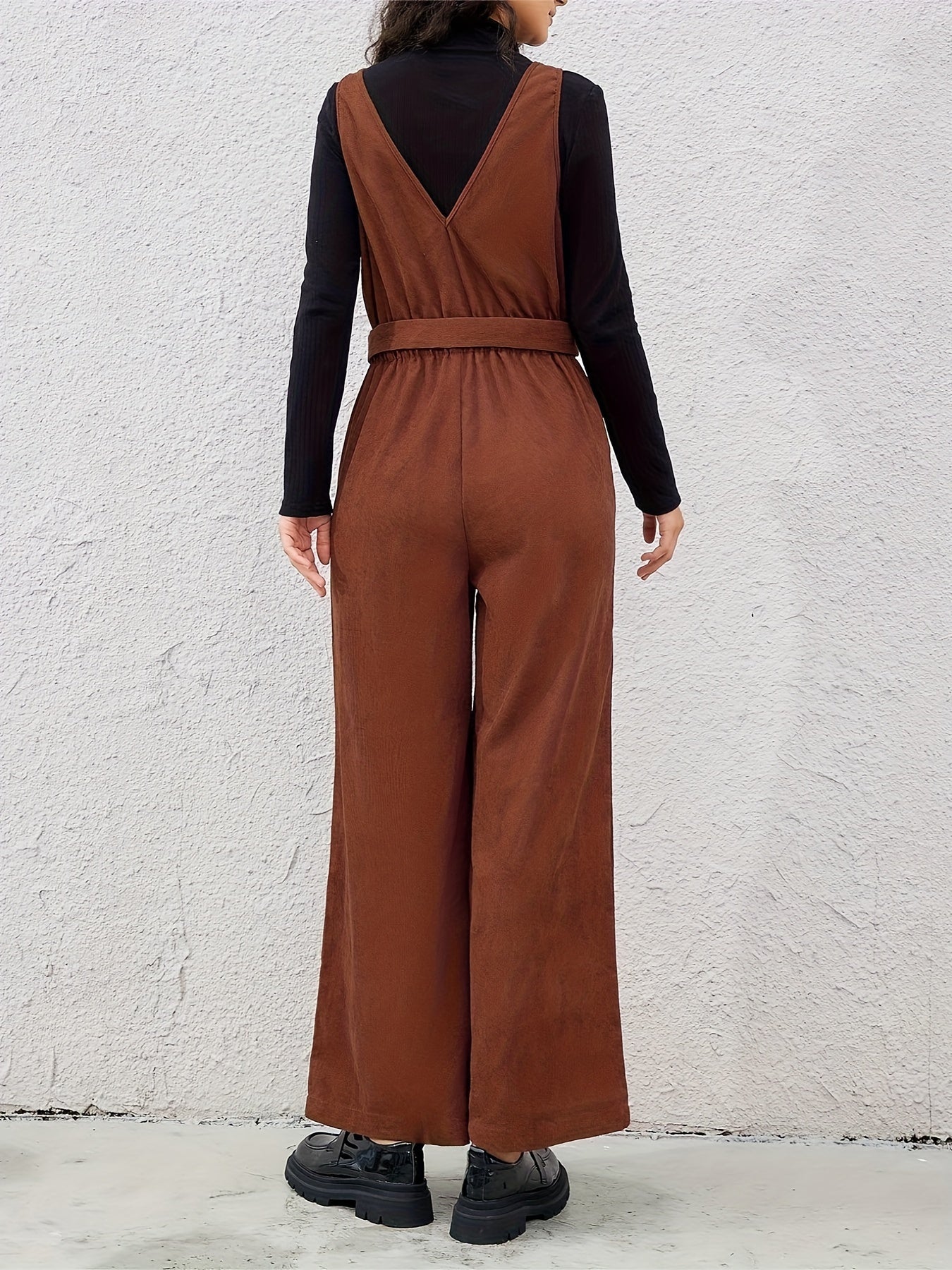 Women Belted V-Neck Zipper Jumpsuit