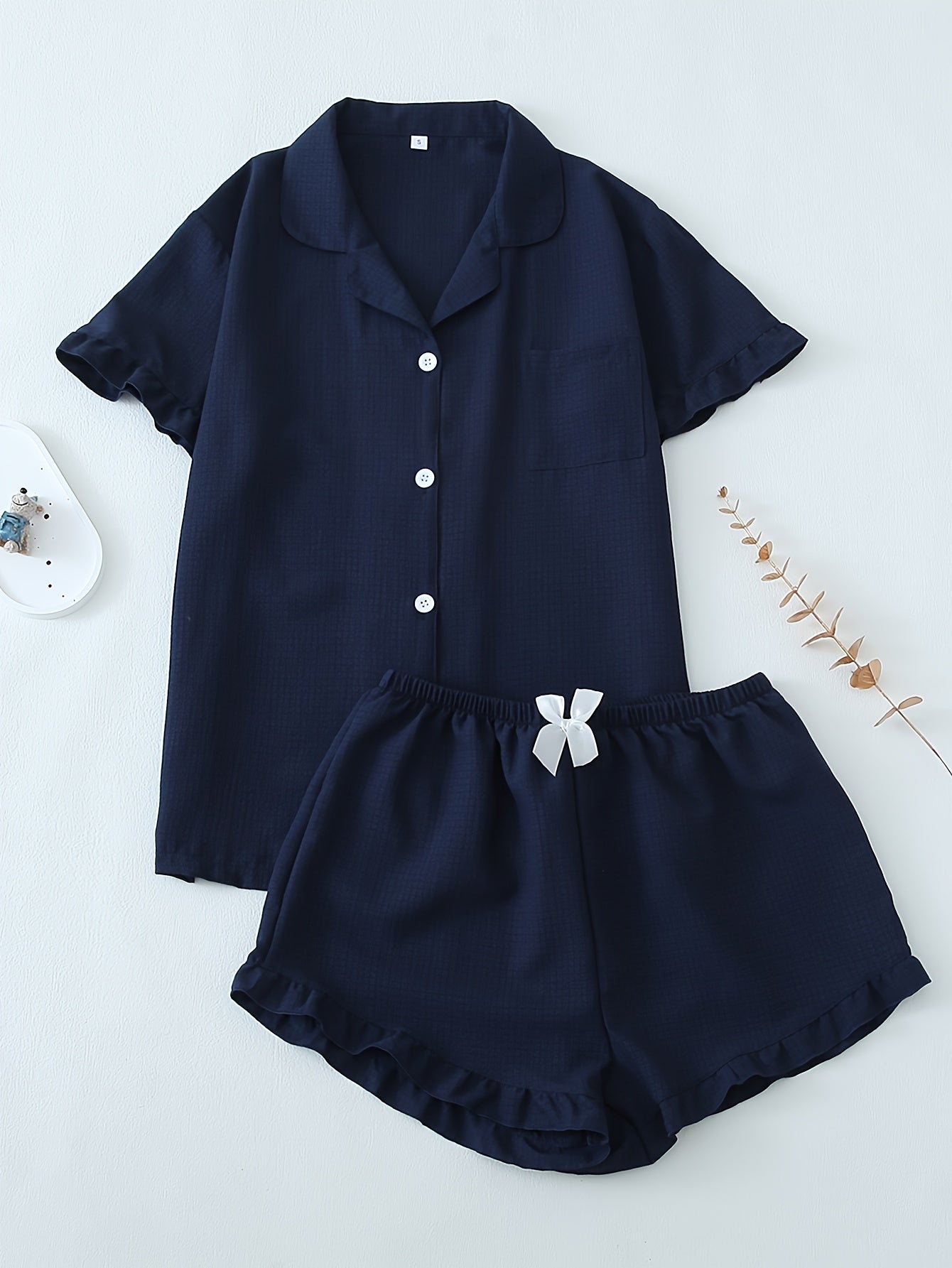 Women Ruffle Hem Pajama Shorts Set