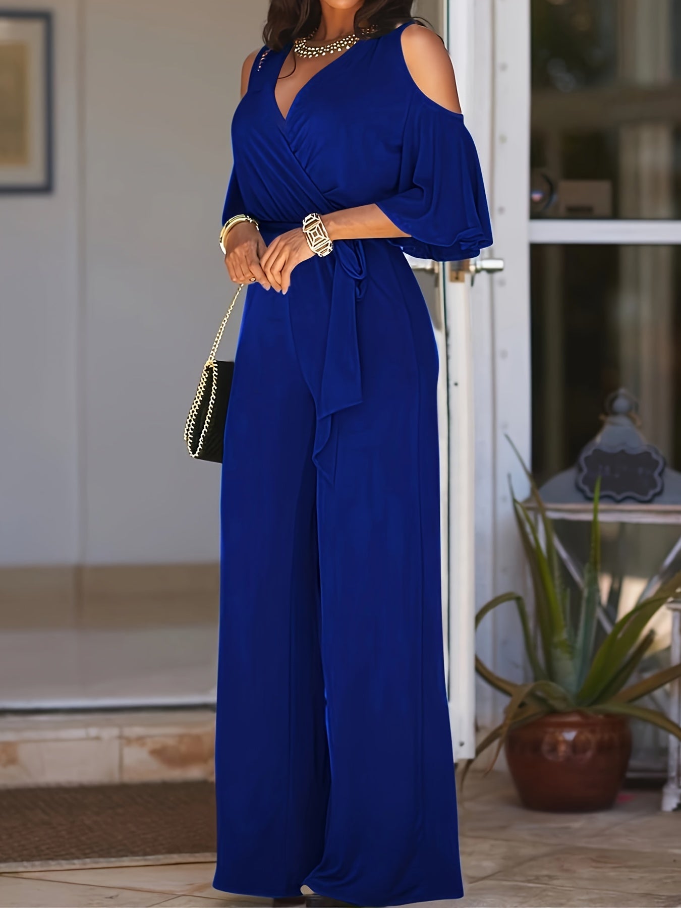 Women Cold Shoulder V-Neck Jumpsuit