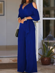 Women Cold Shoulder V-Neck Jumpsuit