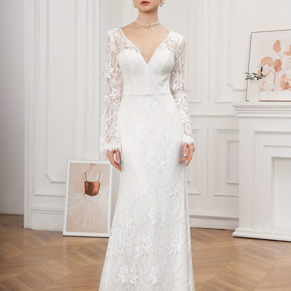 Floor-Length Lace V-Neck Wedding Dress