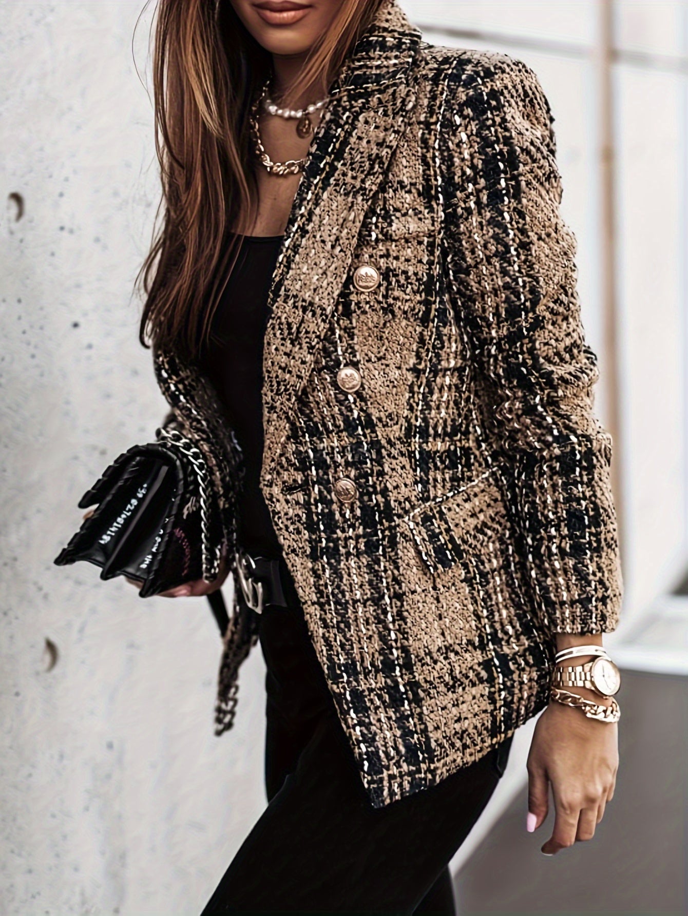 Elegant Tweed Check Office Blazer