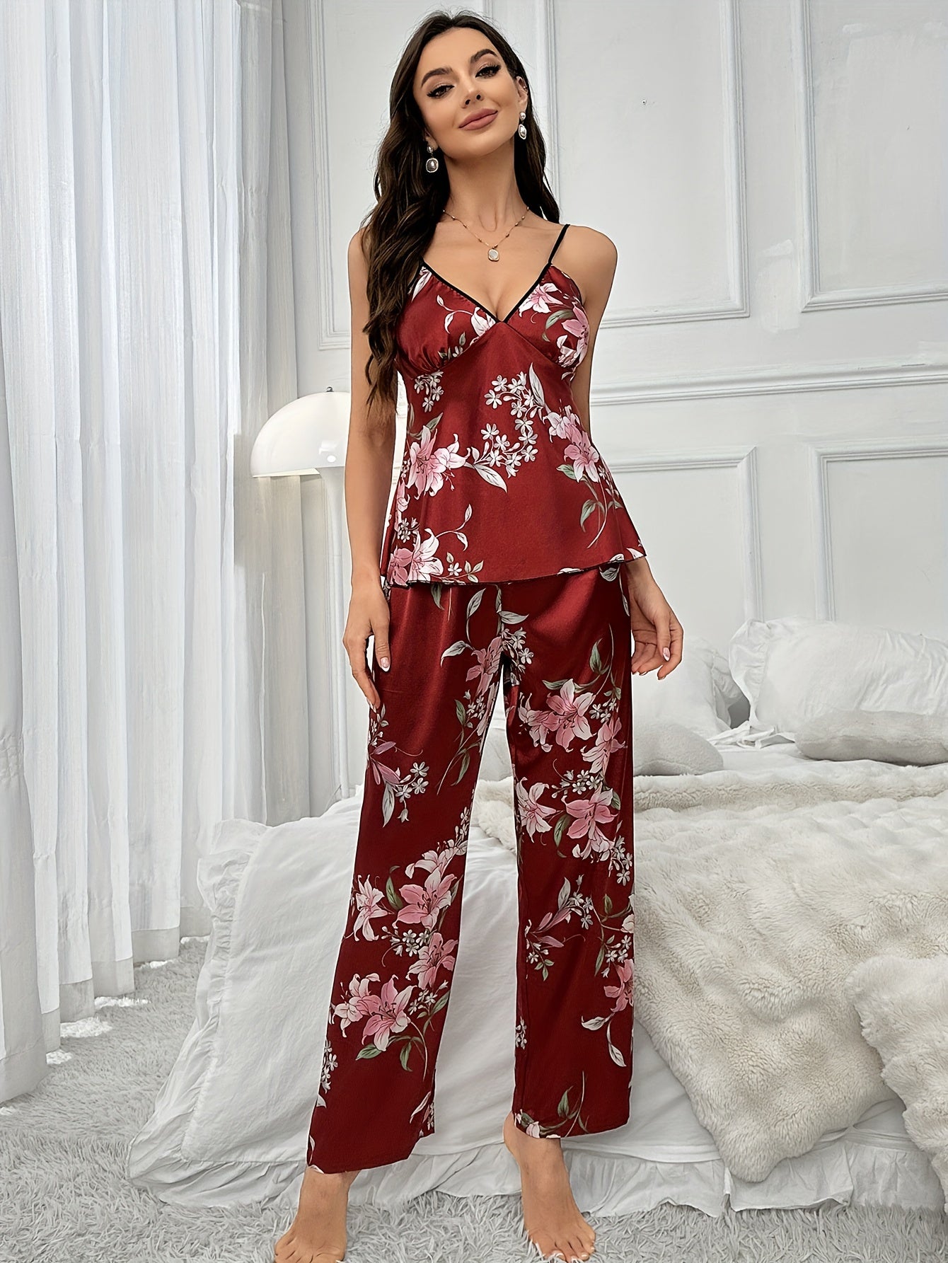 Women Floral Satin Pajama Set